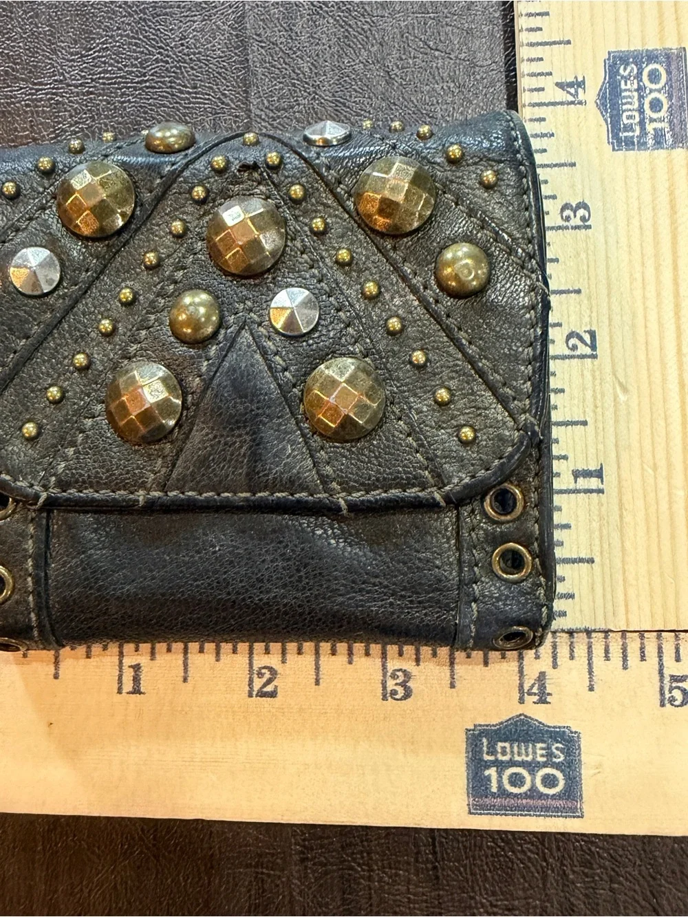 Vintage Betsey Johnson Studded Leather Trifold Wallet Olive Green
